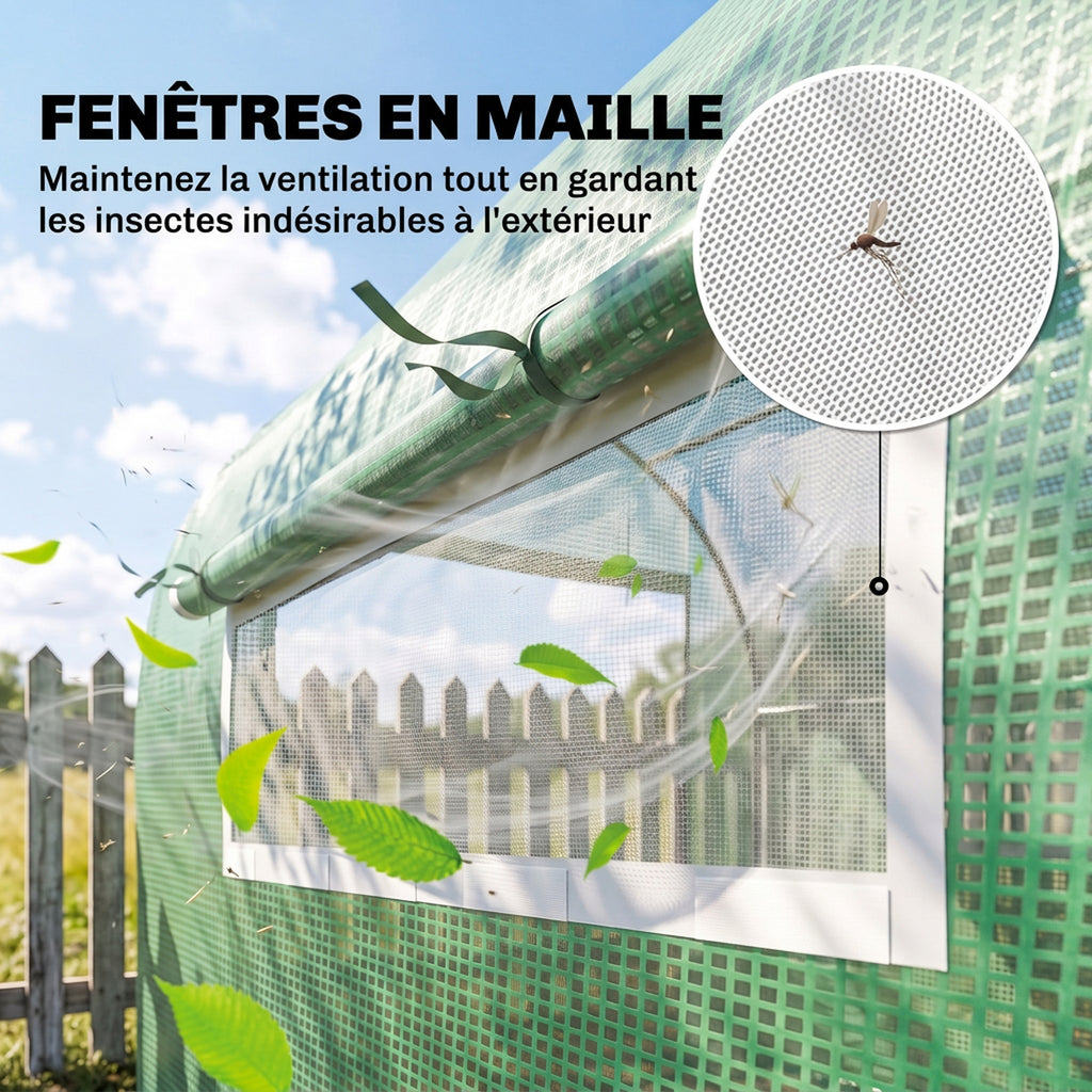 Serre de jardin serre tunnel de jardin 6m² PE Haute densité 135 g/m², avec 2 portes zippées 300 x 200 x 200 cm, vert-5