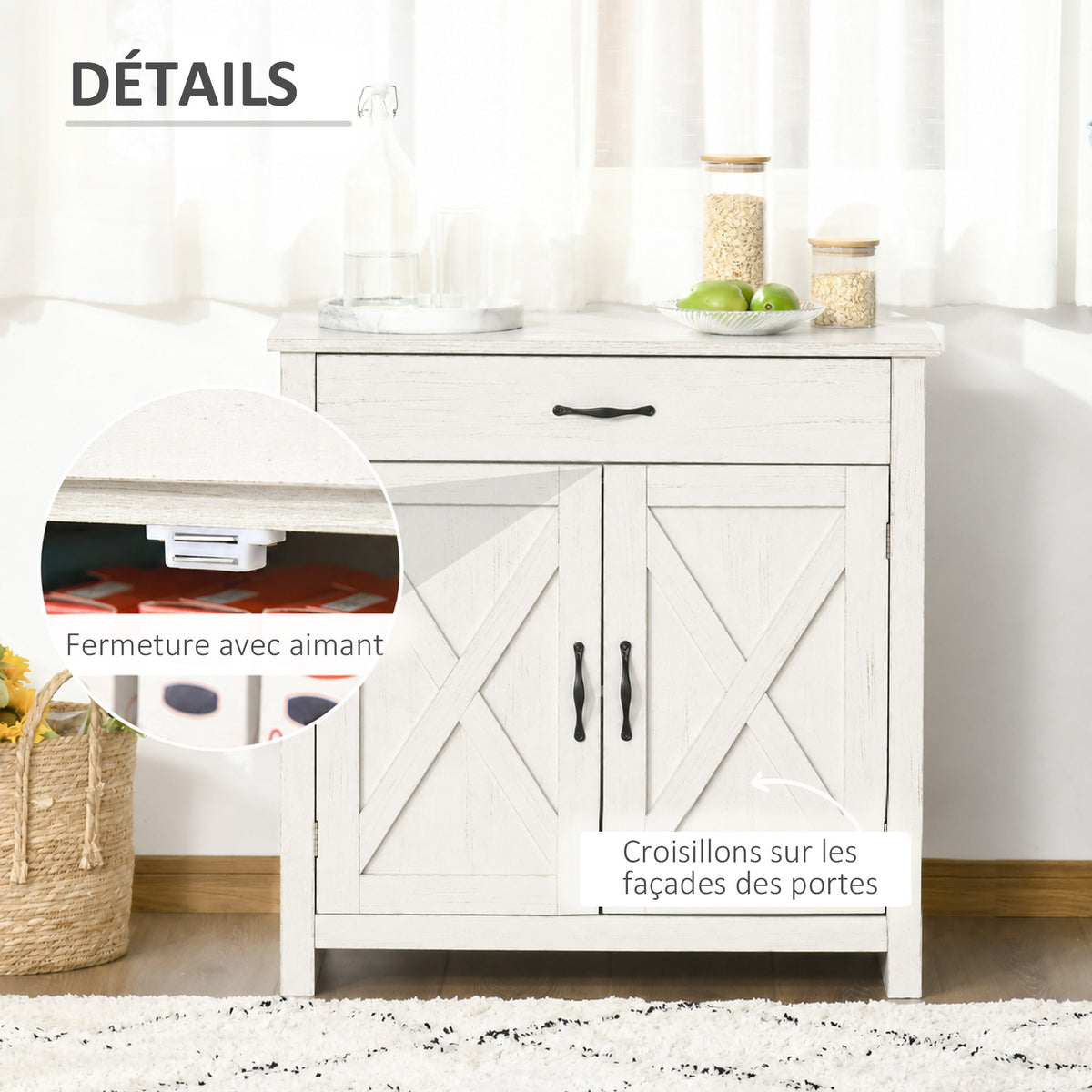 Buffet salon, meuble de rangement avec tiroir, 2 portes de grange et étagère réglable, 80 x 39,7 x 80 cm, blanc-6