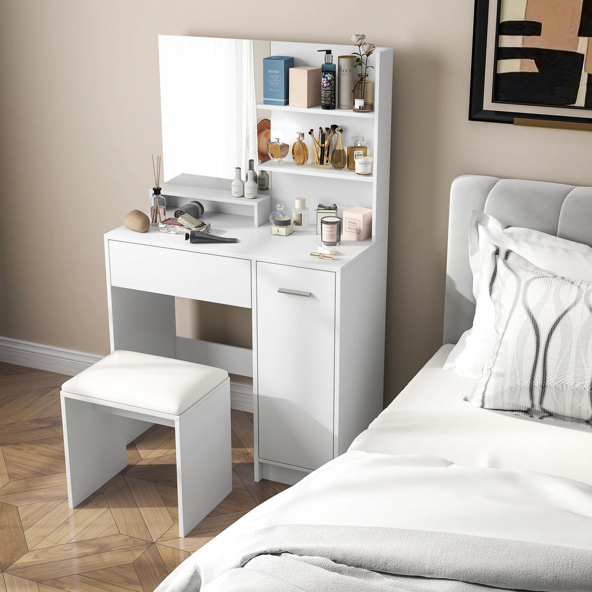 Ensemble coiffeuse avec miroir et tabouret, tiroir, armoire étagère réglable pour la chambre 80l x 40P x 132H cm, blanc-8