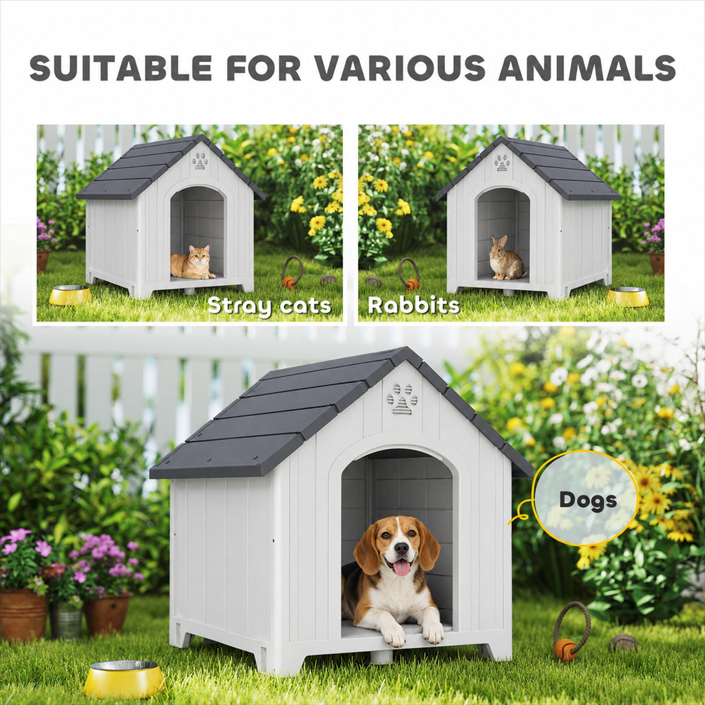 Niche pour chien extérieur, maison chien en polypropylène imperméable ventilé plancher surélevé 76x66x77cm gris clair-7