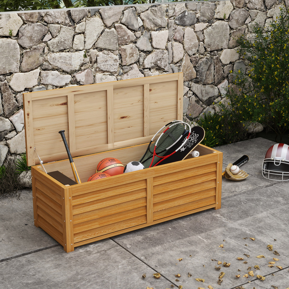 Coffre de rangement extérieur jardin 176L en bois avec poignée, dim. 130L x 50l x 45H cm-1