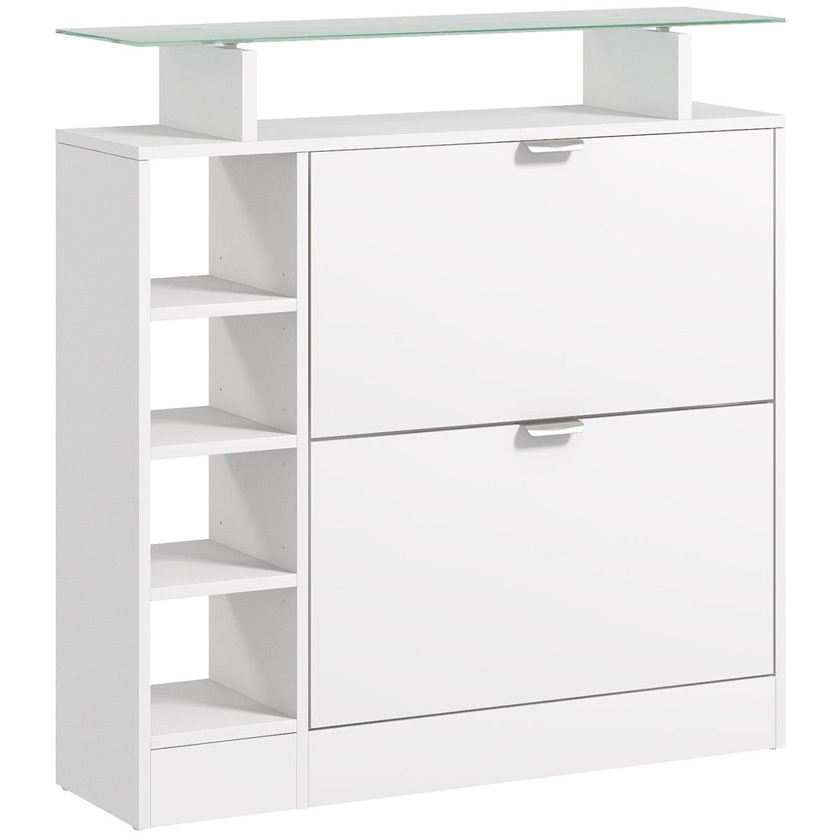Meuble à chaussures avec 2 tiroirs rabattables 12 paires, plateau en verre et étagères réglables, 89 x 25 x 92 cm, blanc-0