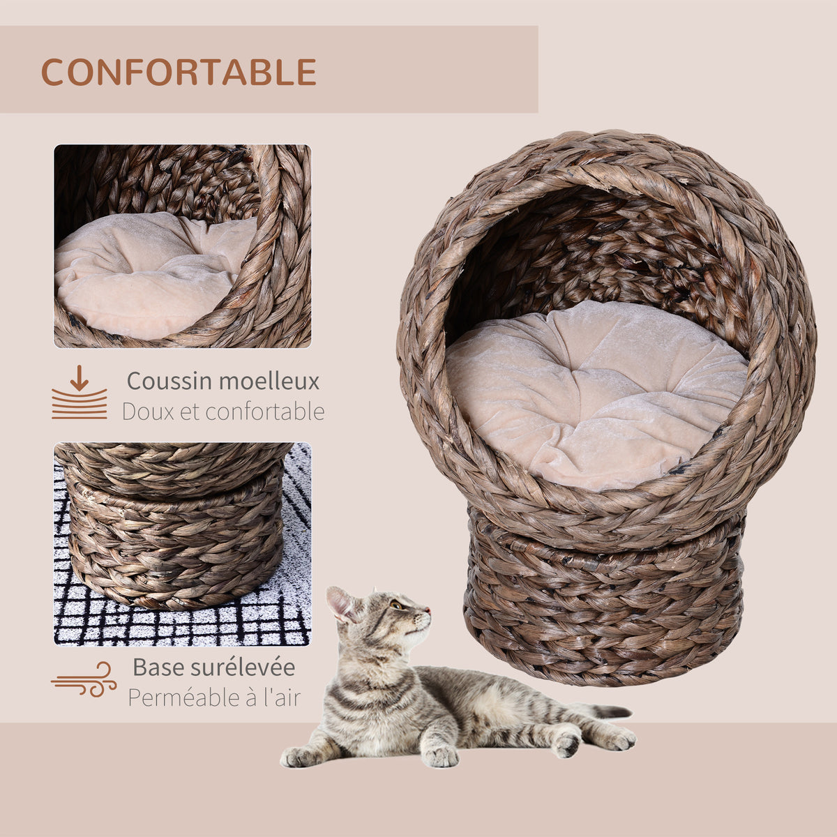 Panier lit surélevé pour chat, niche grotte cosy grand confort, dim. 40L x 37l x 51H cm coussin moelleux beige inclus-3