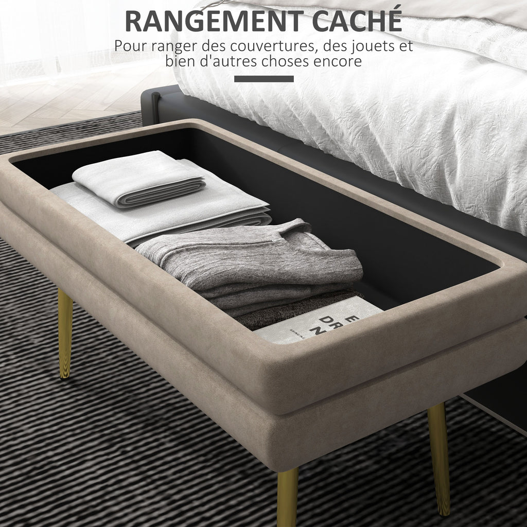 Banc banquette coffre de rangement 2 en 1 assise aspect velours et pieds acier - 79,5L x 37,5P x 43H cm beige et doré-4