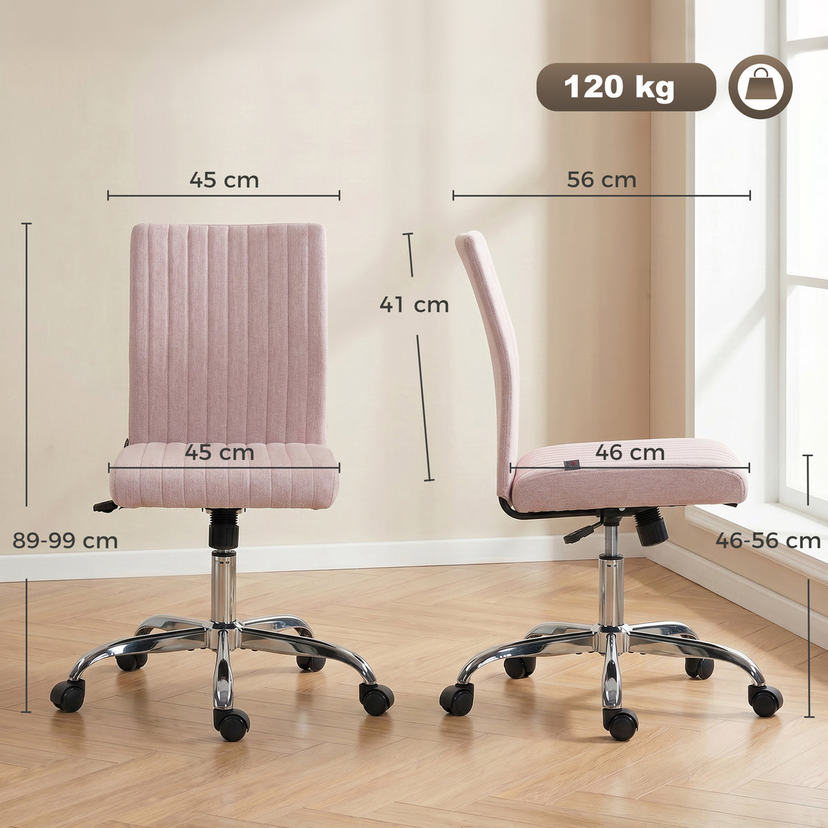 Chaise de bureau sans accoudoirs, fauteuil de bureau, hauteur réglable et pivotant 360°, 43 x 56 x 89-99 cm, rose-2