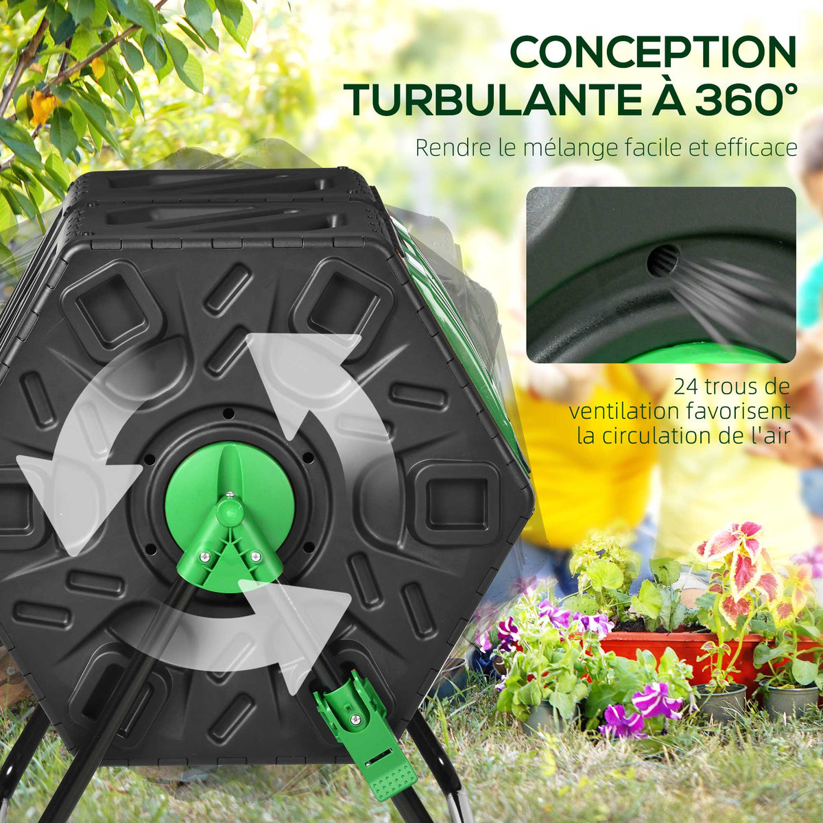 Composteur de jardin bac à compost pour déchets rotatif 360° double chambre 130 L acier PP 67 x 60 x 77 cm noir-4