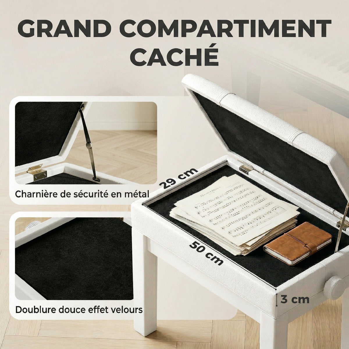 Banquette tabouret siège pour piano coffre intégré hauteur réglable bois hévéa assise revêtement synthétique blanc-4