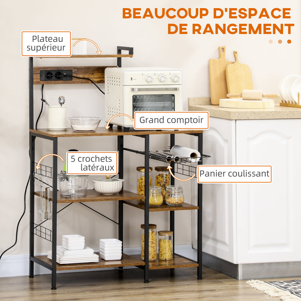 Meuble de cuisine avec prises intégrées pour micro-ondes avec étagères, style industriel, 90x42x130cm, marron-5