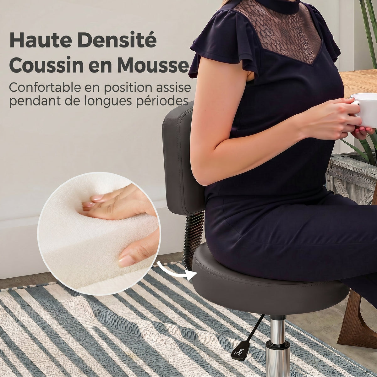 Tabouret massage a roulettes reglable en hauteur pivotant avec dossier ergonomique gris-4