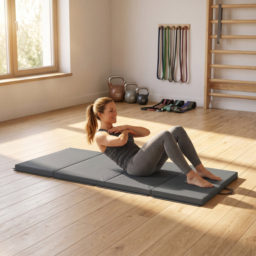 Tapis de gymnastique yoga pilates fitness pliable en 4 avec poignées revêtement synthétique 180 x 80 x 5 cm gris-7