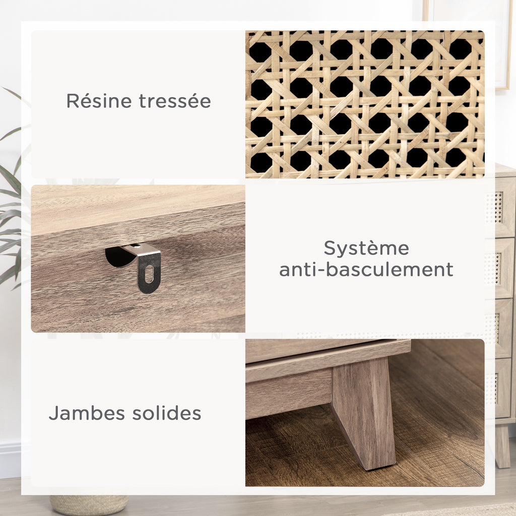 Commode 4 tiroirs meuble de rangement cannage en rotin aspect bois clair 80 x 35 x 95 cm-5