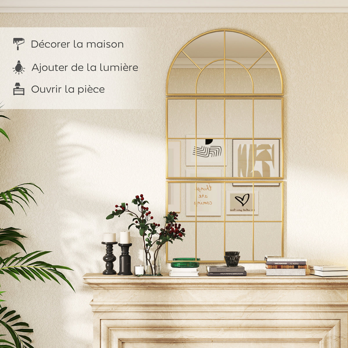 Miroir mural arqué miroir mural en forme de fenêtre ensemble de 3 pièces cadre en métal 76 x 150 cm doré-4