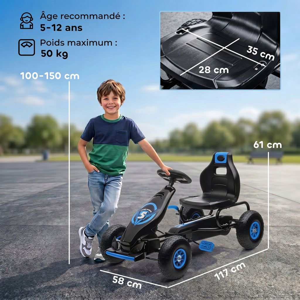 Kart à pédales pour enfant siège réglable 3 positions frein à main enfant de 5 à 12 ans bleu noir-2