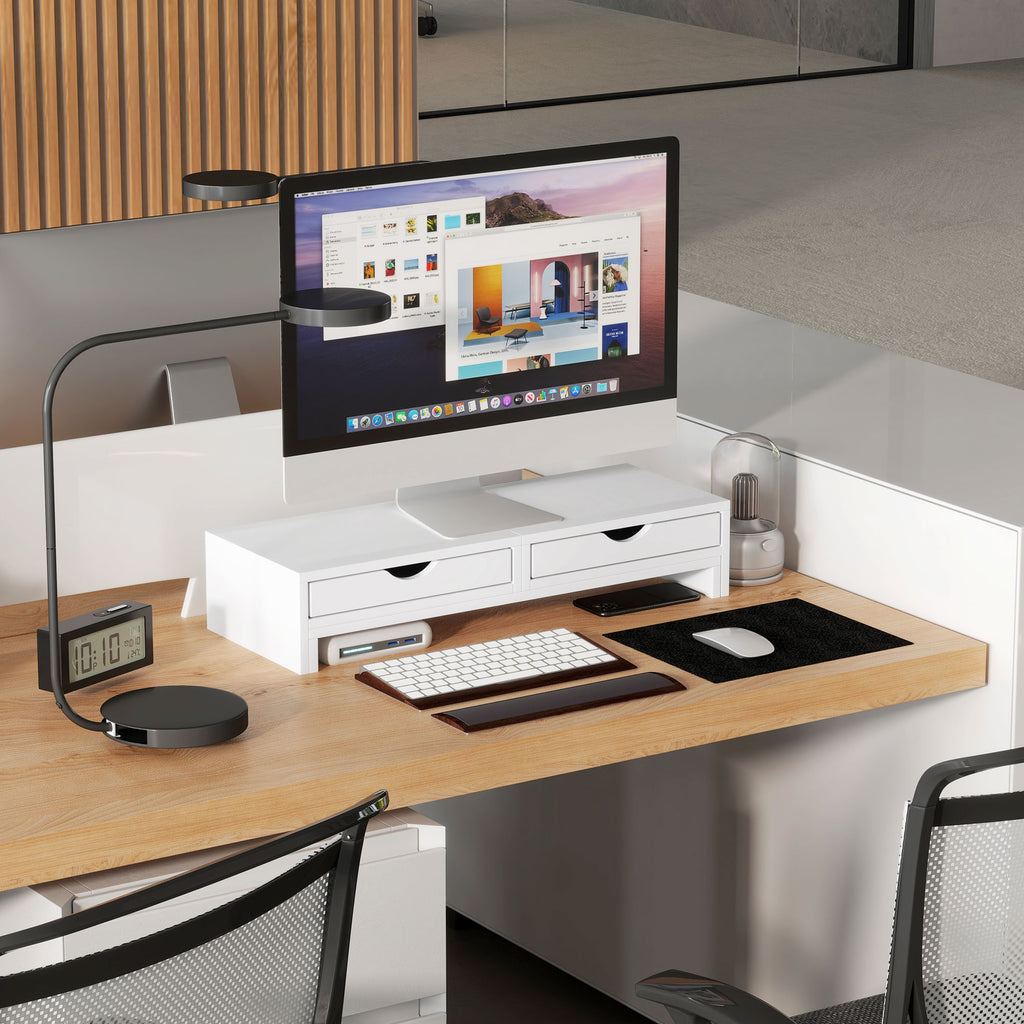 Rehausseur écran PC bureau support d'écran d'ordinateur de 60-116 cm avec 2 tiroirs, longueur et angle réglables-8