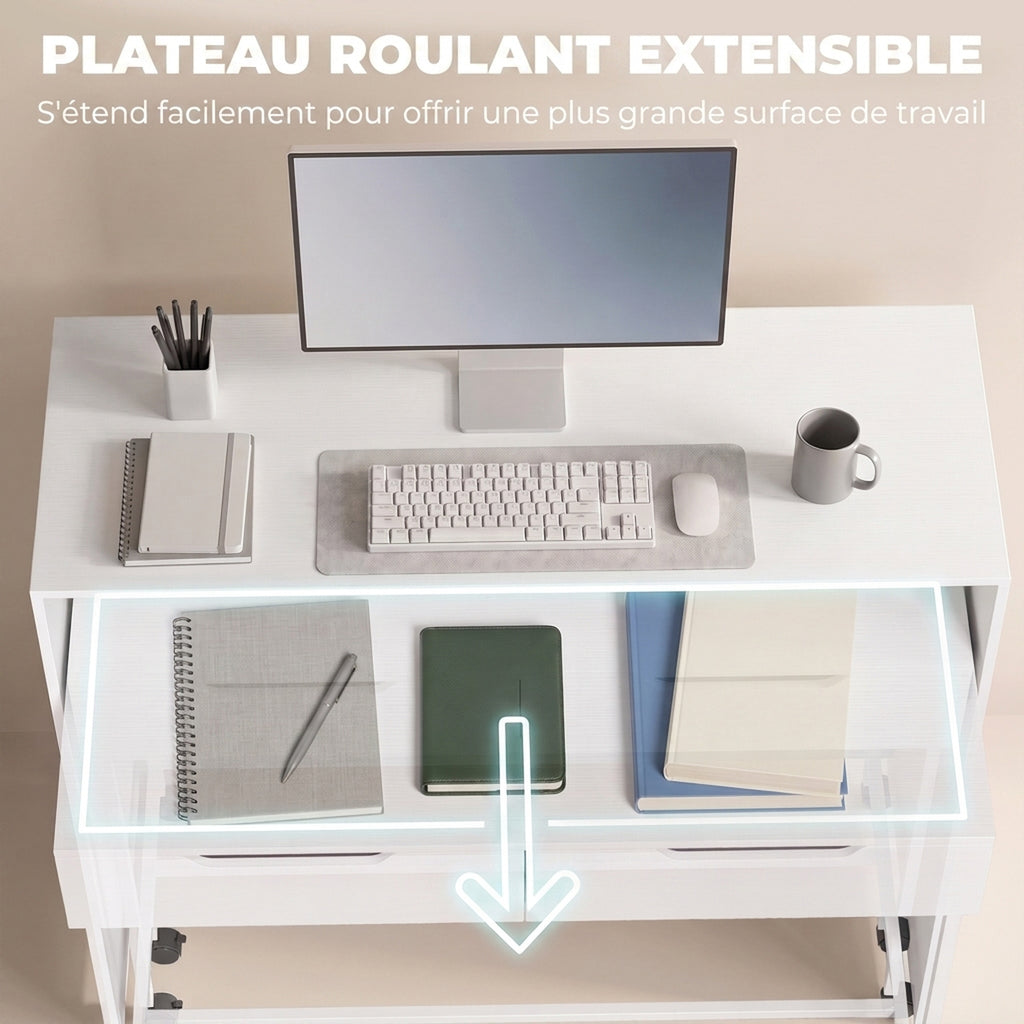 Bureau d'Ordinateur Extensible 100 cm avec 2 Tiroirs, Bureau avec Rangement, Style Moderne, Blanc-3