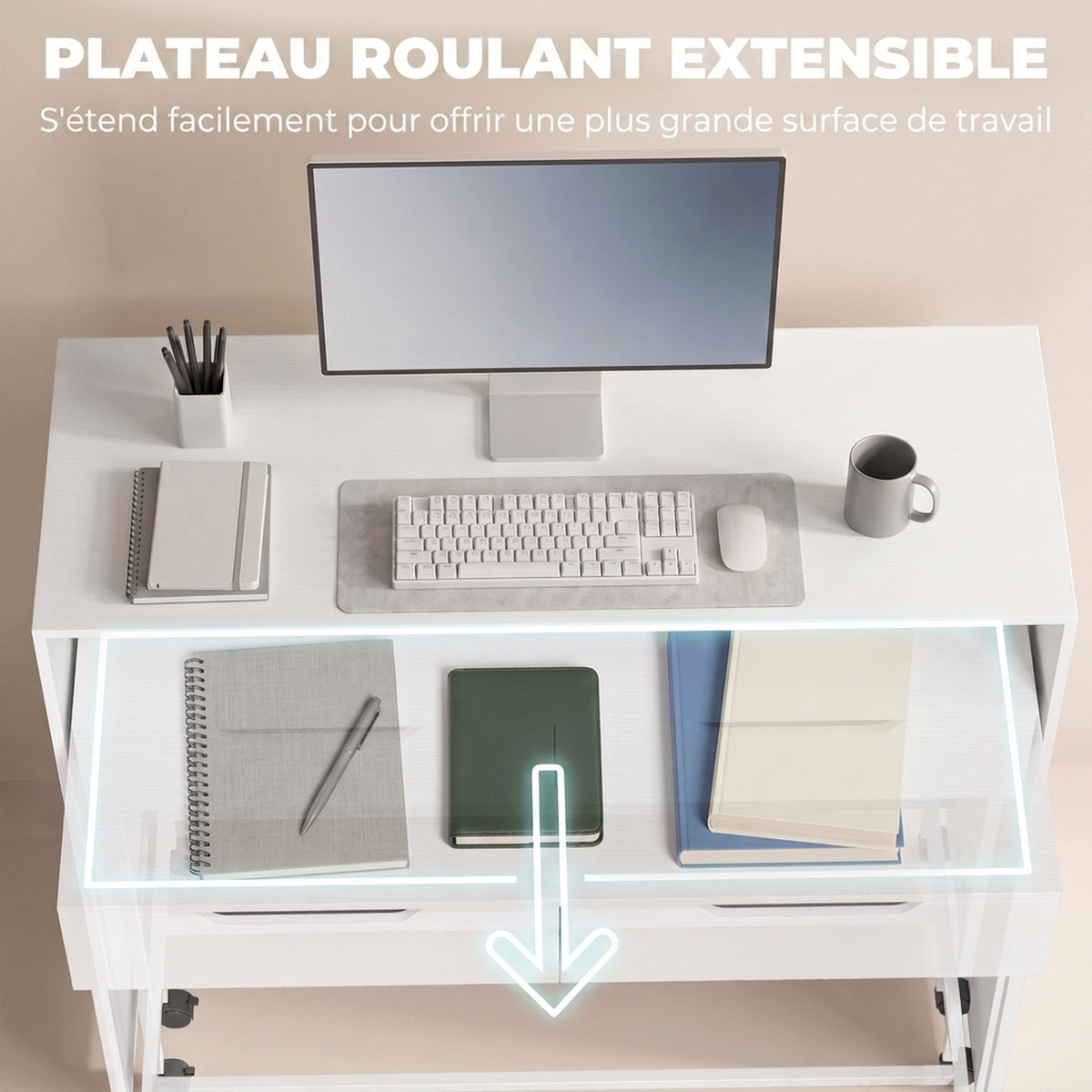 Bureau d'Ordinateur Extensible 100 cm avec 2 Tiroirs, Bureau avec Rangement, Style Moderne, Blanc-3