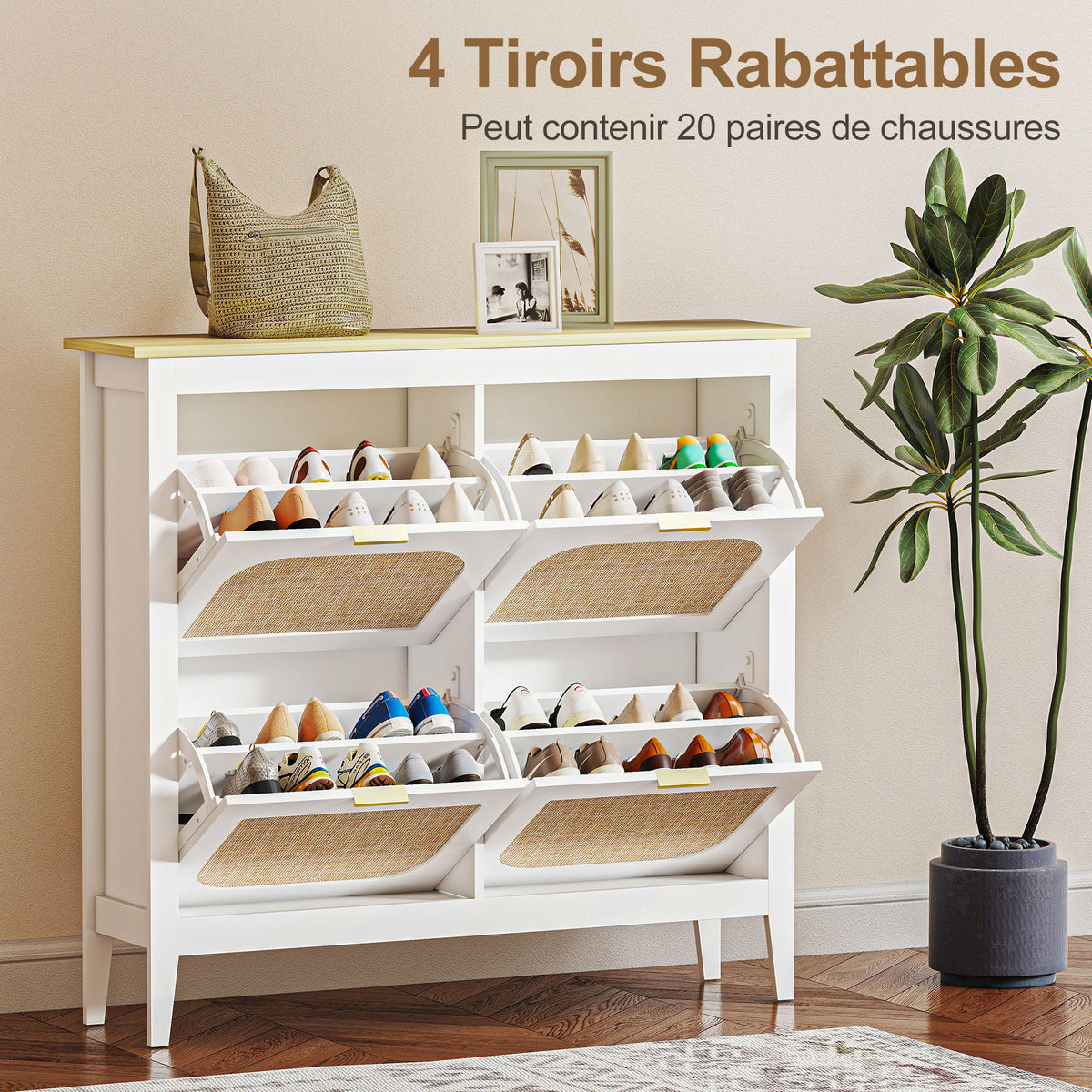 Meuble à chaussures 20 paires bohème avec 4 tiroirs rabattables, portes effet cannage rotin, 105 x 24 x 95,5 cm, blanc-4