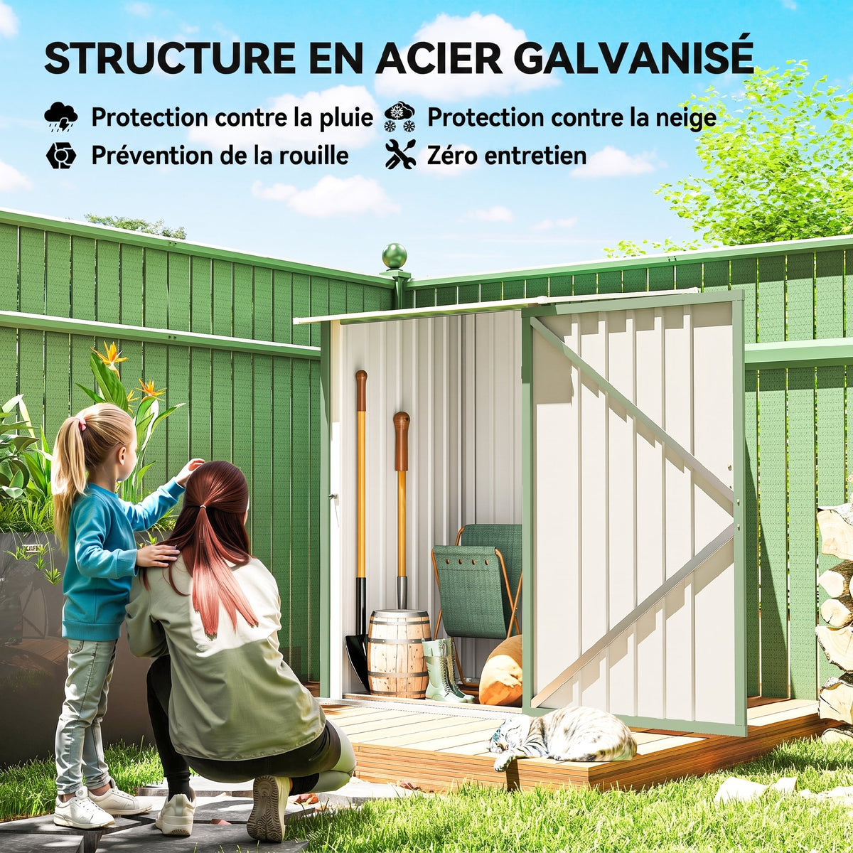Abri de Jardin en Métal 1m², Tôle Ondulée, Toit Incliné, Porte Verrouillable, 100x103x160cm, Vert Clair-3