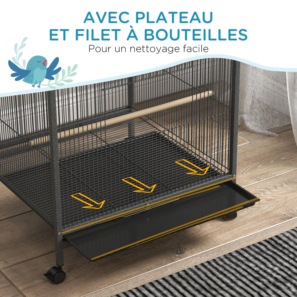 Cage oiseau sur pied cage sur roulettes avec balançoire, perchoirs et plateau coulissant 48 x 46 x 78 cm en acier noir-5
