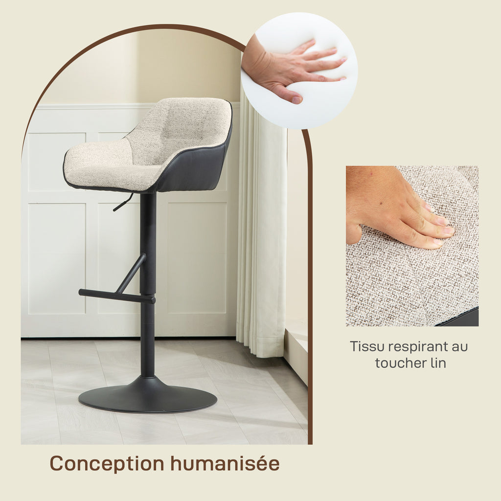 Lot de 2 tabourets de bar chaises de bar hauteur réglable tissu effet lin et base en acier 52,5 x 53 x 86,5-108 cm gris-6