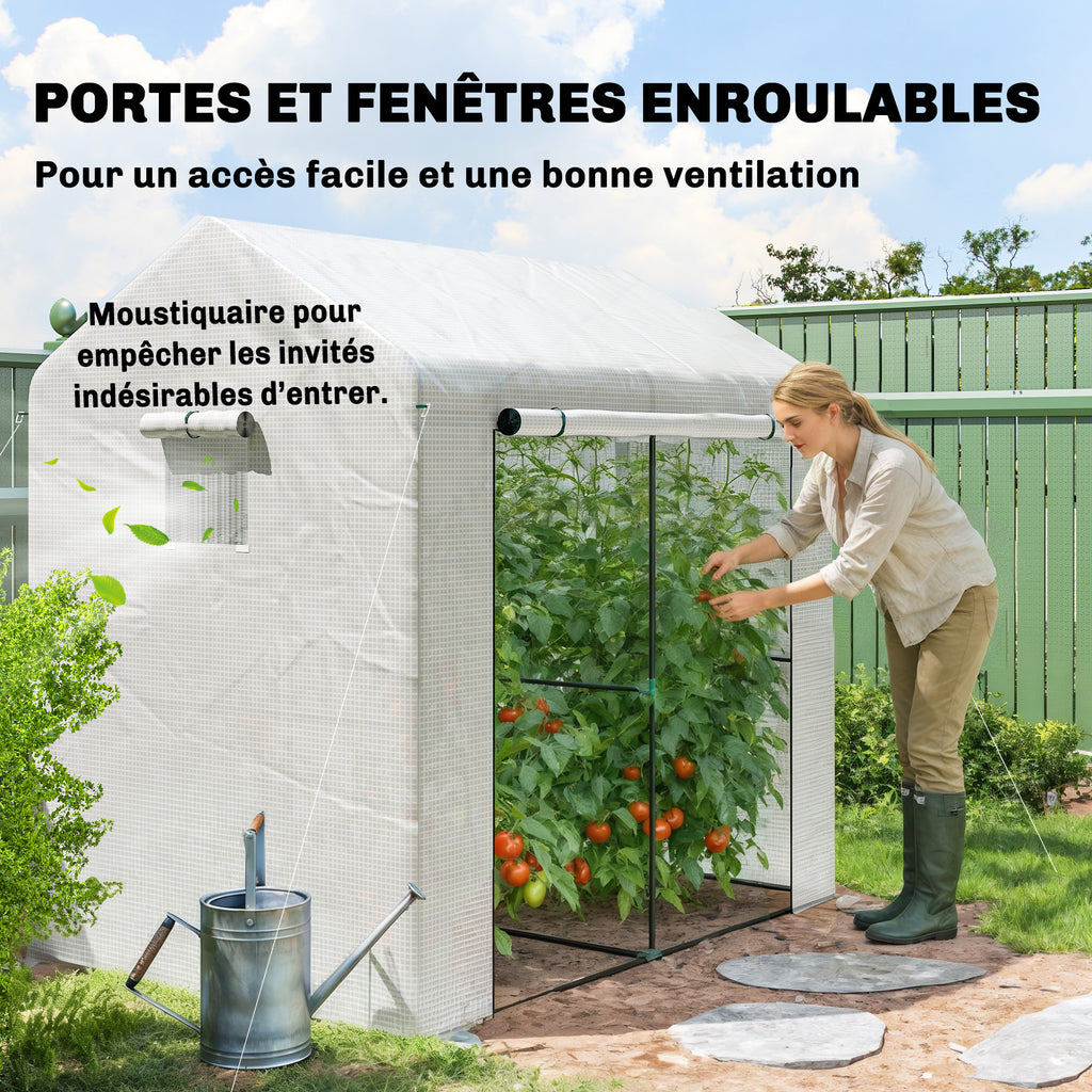 Serre de jardin PE, serre de balcon, bâche renforcée 135 g/m², châssis en acier, porte zippée, 200 x 140 x 200 cm, blanc-5