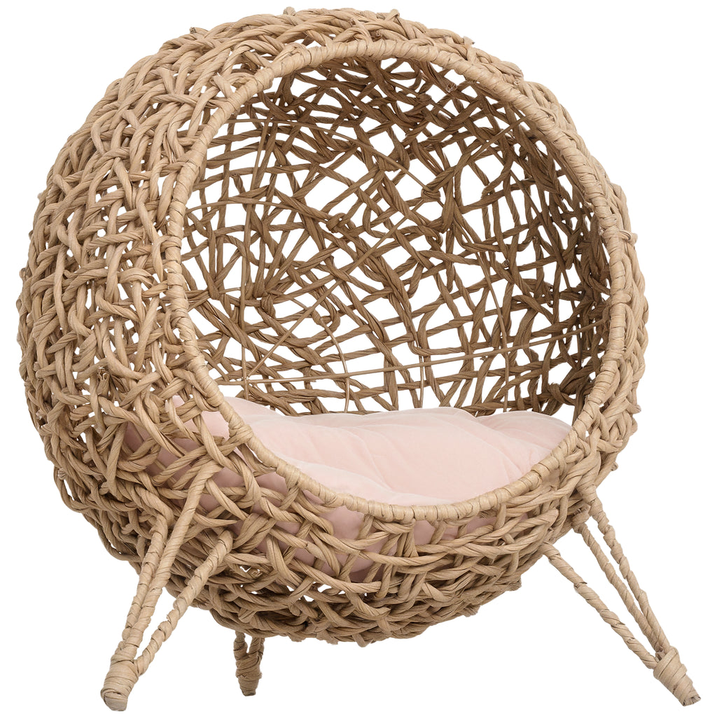 Panier chat lit surélevé chat cosy niche grotte grand confort dim. Ø 52 x 58H cm coussin moelleux inclus résine tressée imitation rotin beige-0