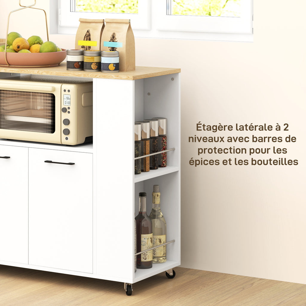 Desserte de cuisine à roulettes, Îlot central cuisine avec plan de travail et étagère réglable, 75x40x80,5cm, blanc-4