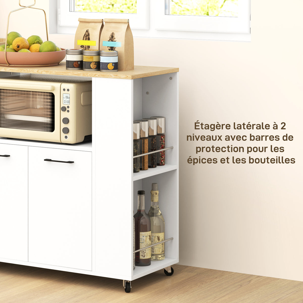 Desserte de cuisine à roulettes, Îlot central cuisine avec plan de travail et étagère réglable, 75x40x80,5cm, blanc-4