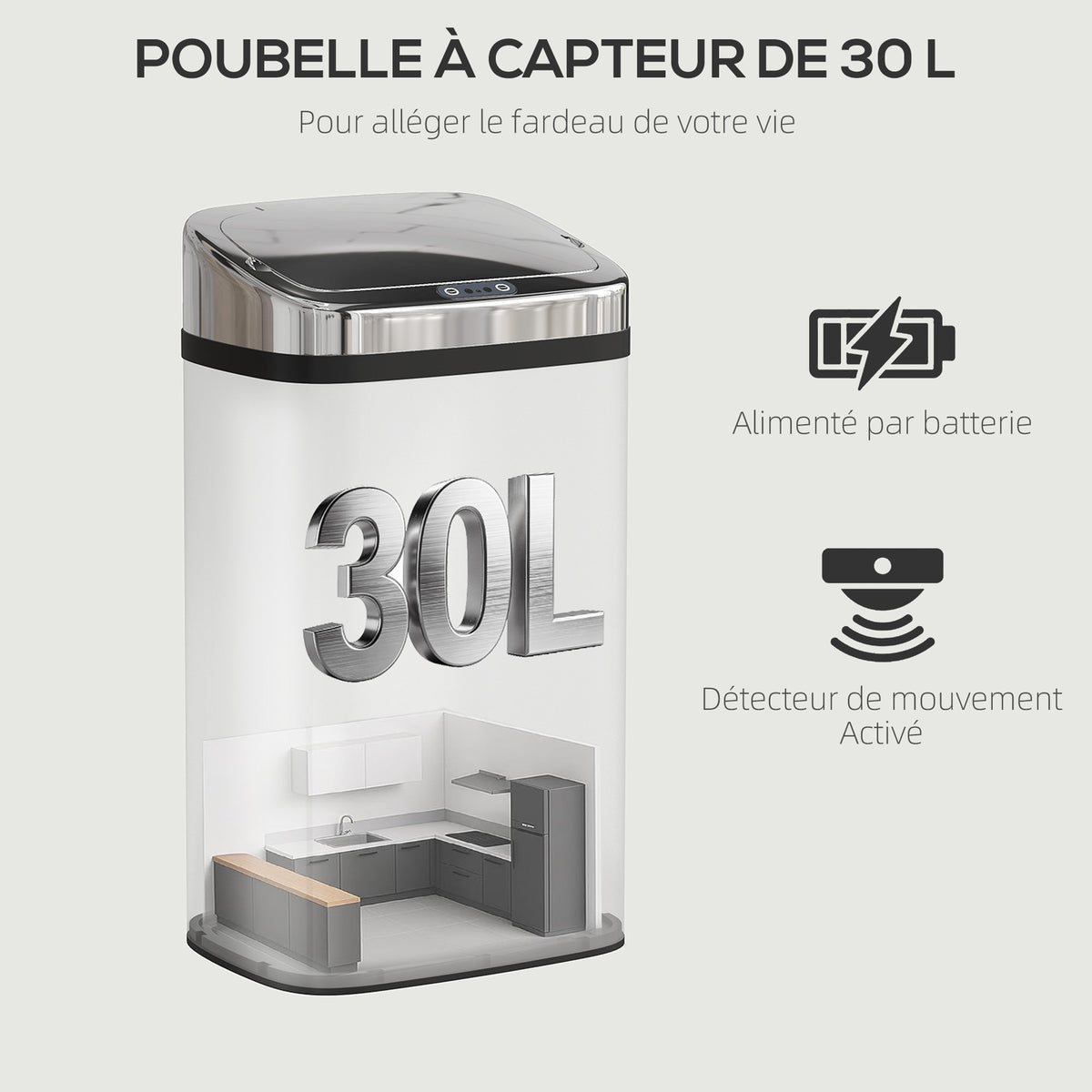 Poubelle à capteur de mouvement ouverture automatique 1 bac de 30 L en acier inoxydable-3