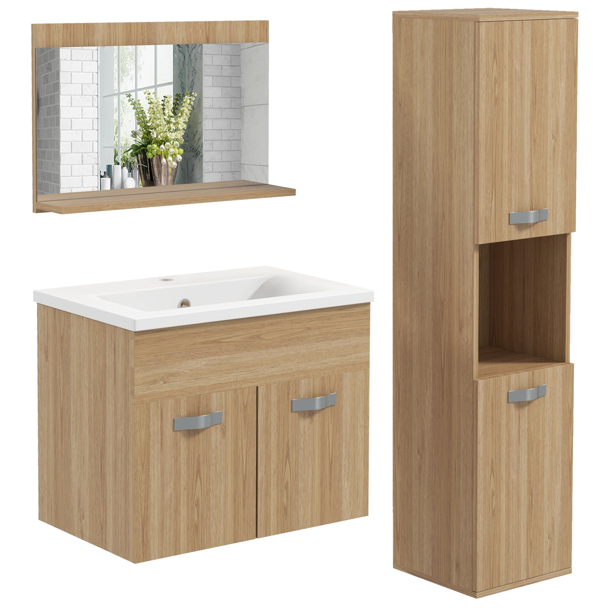 Ensemble de Meubles de Salle de Bain 4 Pièces, Mural, avec Miroir, Meuble sous Vasque, Lavabo et Armoire Haute, Naturel-0