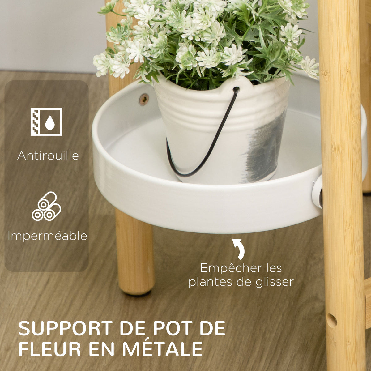 Support pour plantes étagère à fleurs à 4 niveaux en bambou et métal pour extérieur intérieur 28 x 28 x 80 cm blanc-5