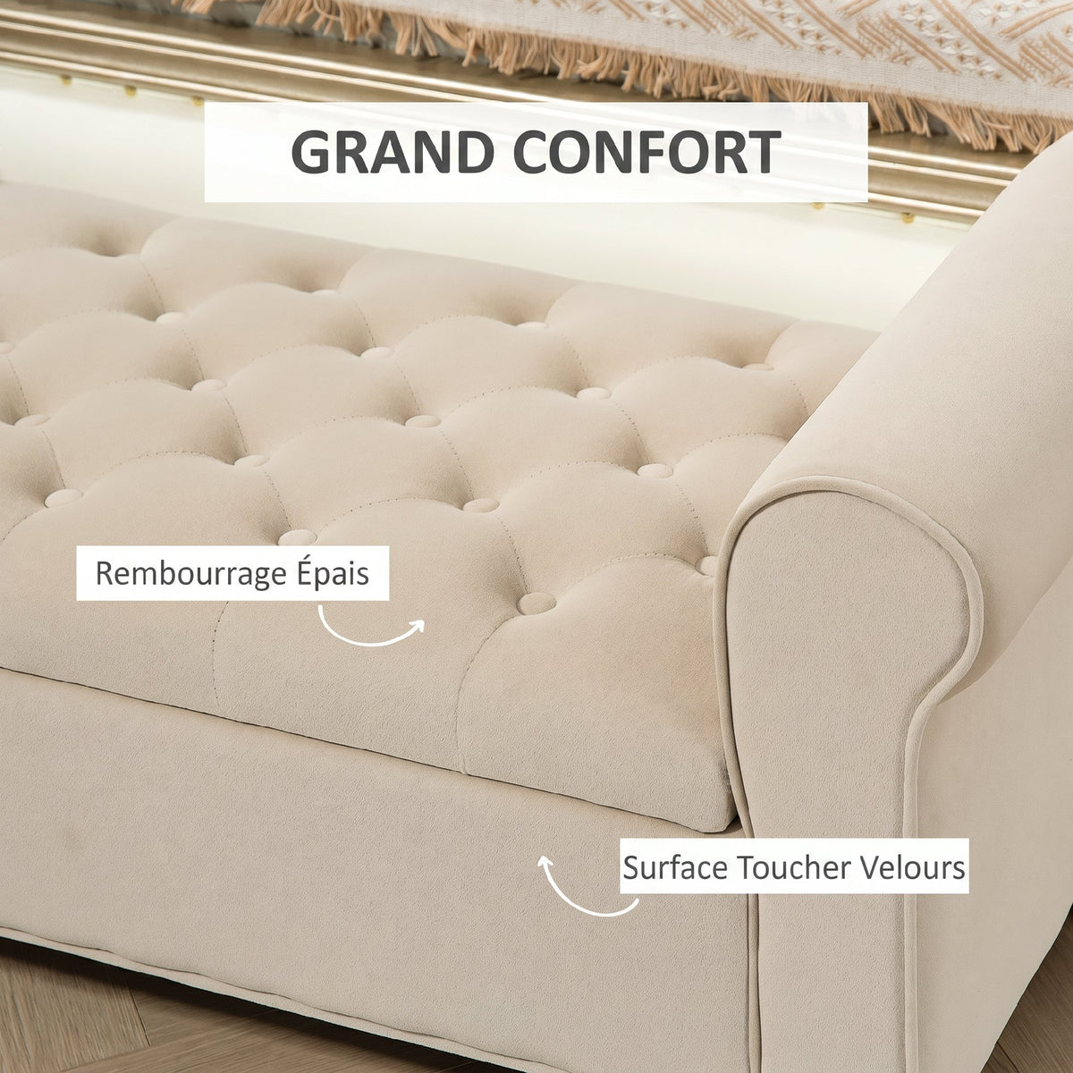 Banc de rangement bout de lit avec accoudoirs, tissu effet velours rembourré et capitonné, 126 x 48,5 x 57 cm, beige-4