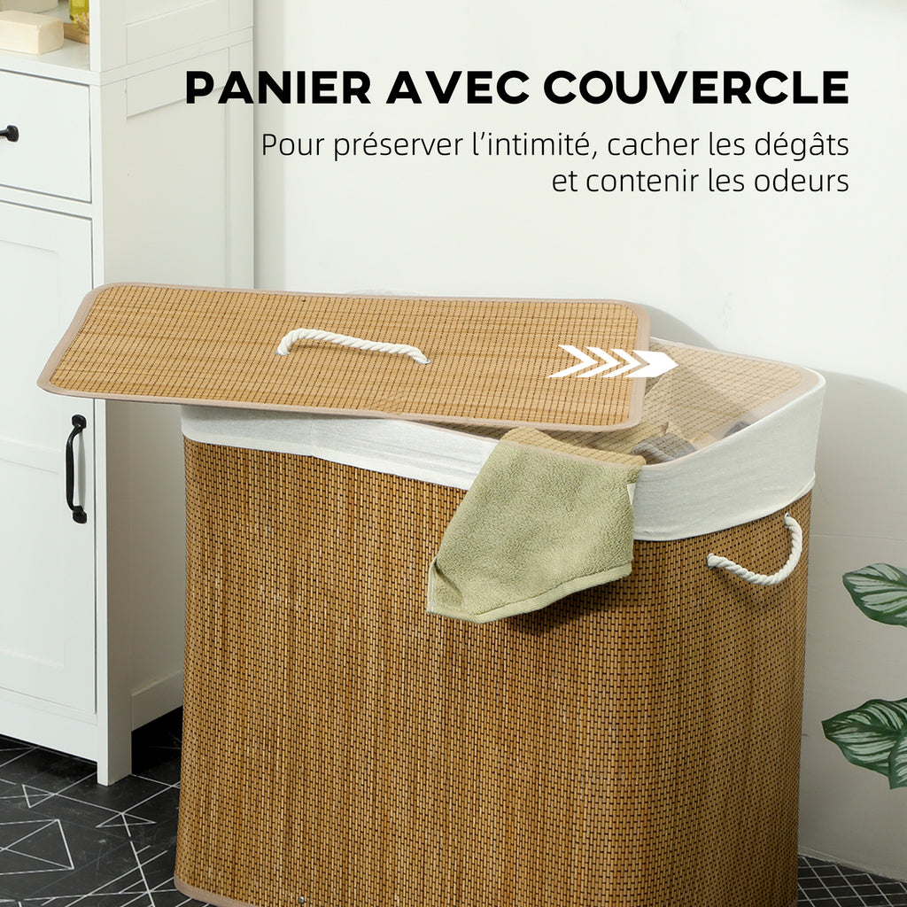 Panier à linge à trois compartiments avec couvercle, panier à linge en bambou 144 L avec poignées en corde-4