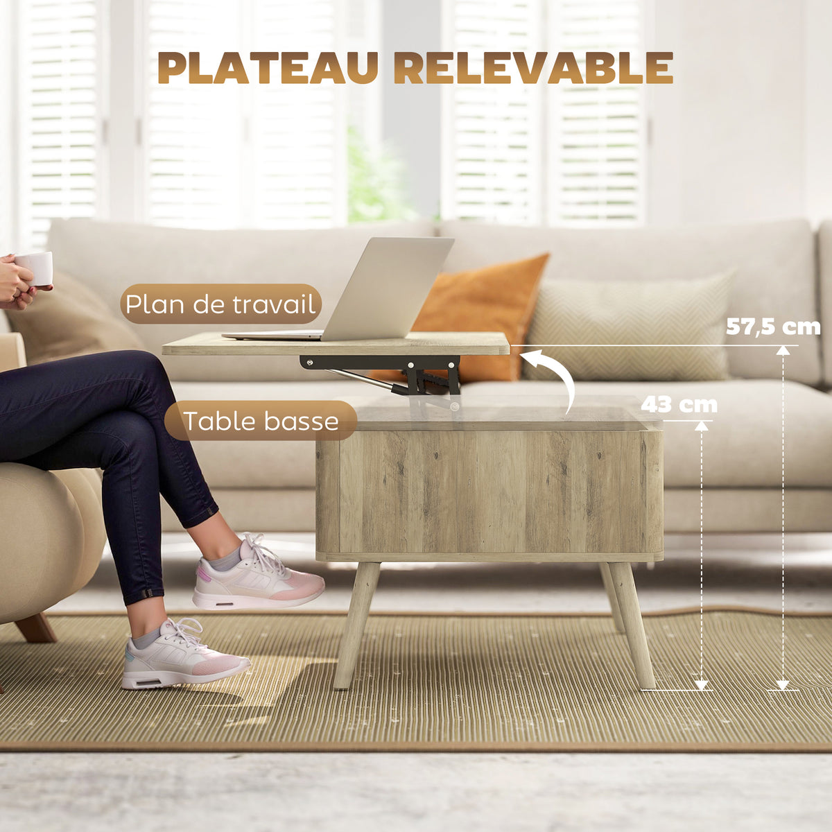 Table basse relevable, table de salon avec 2 compartiments cachés et pieds en pin, 91 x 56 x 43 cm, chêne-3