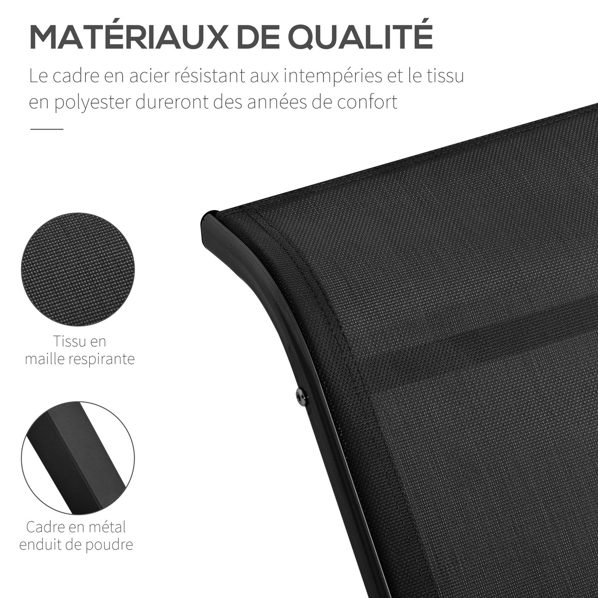 Lot de 2 bains de soleil chaise longue design contemporain table basse plateau verre trempé métal époxy textilène noir-4