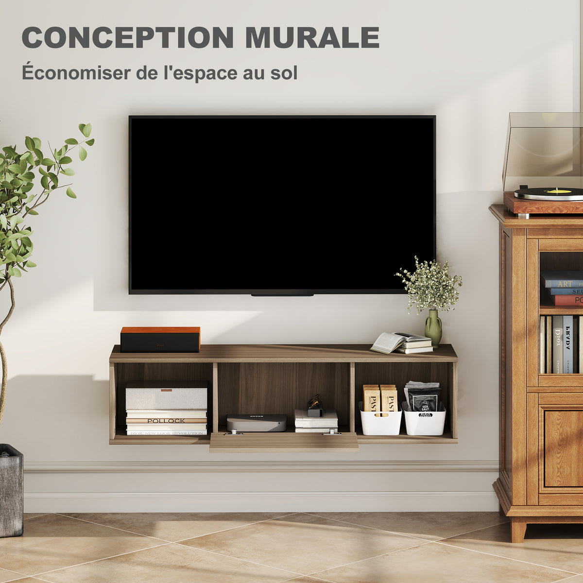 Meuble TV suspendu, Armoire murale avec 2 compartiments ouverts et porte rabattable, 120 x 30 x 29,5 cm, marron-5