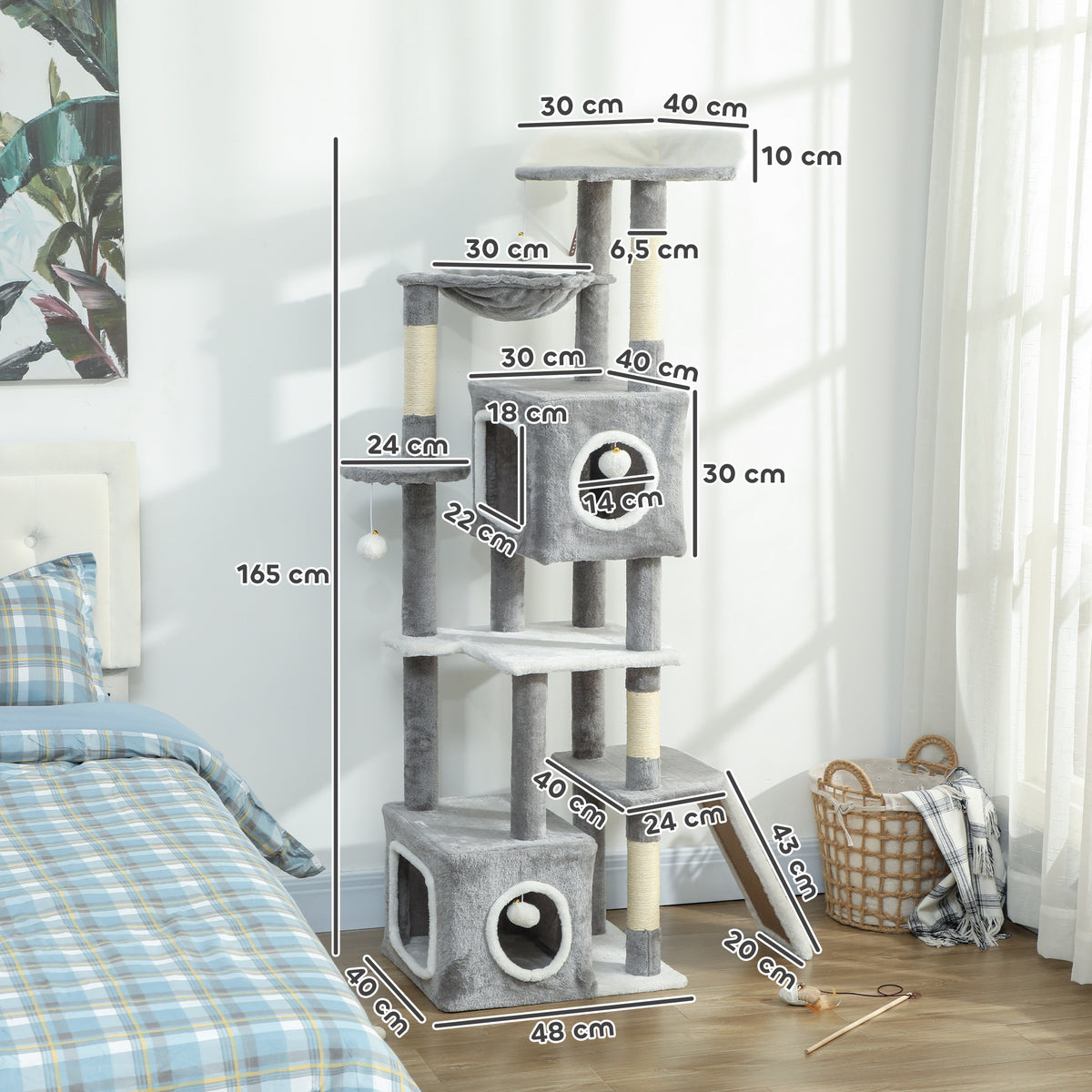Arbre à chat tour de jeux pour chats centre d'activités 2 niches plateformes hamac échelle et 4 pompons 165 cm gris-2