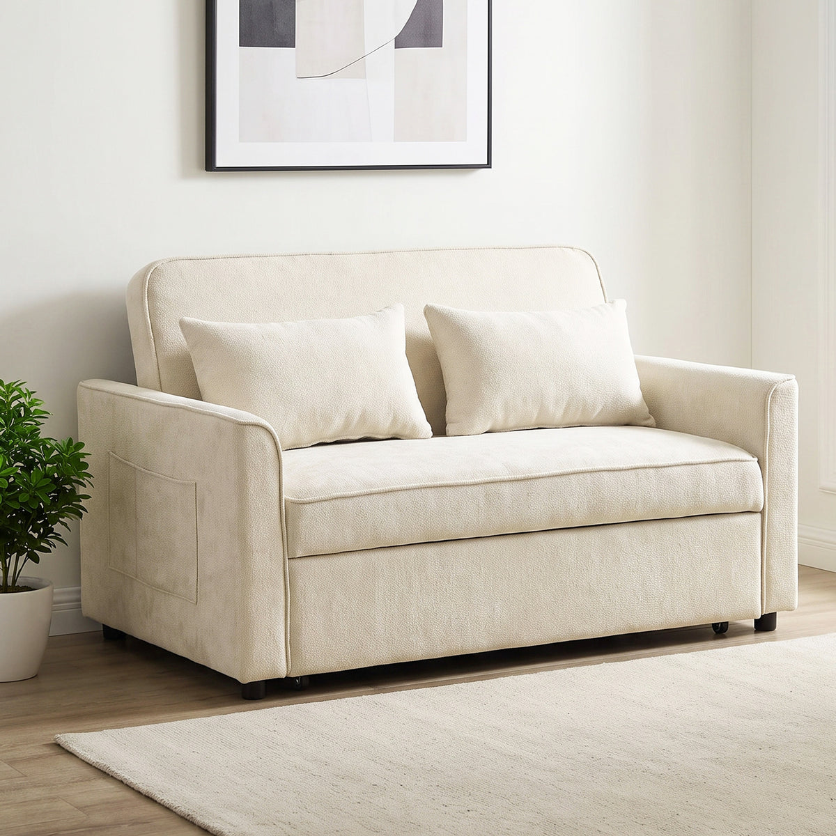 Canapé Convertible 2 Places 3 en 1, Canapé-Lit Clic Clac en Chenille 142 cm, Dossier Réglable, 2 Oreillers, Beige-1
