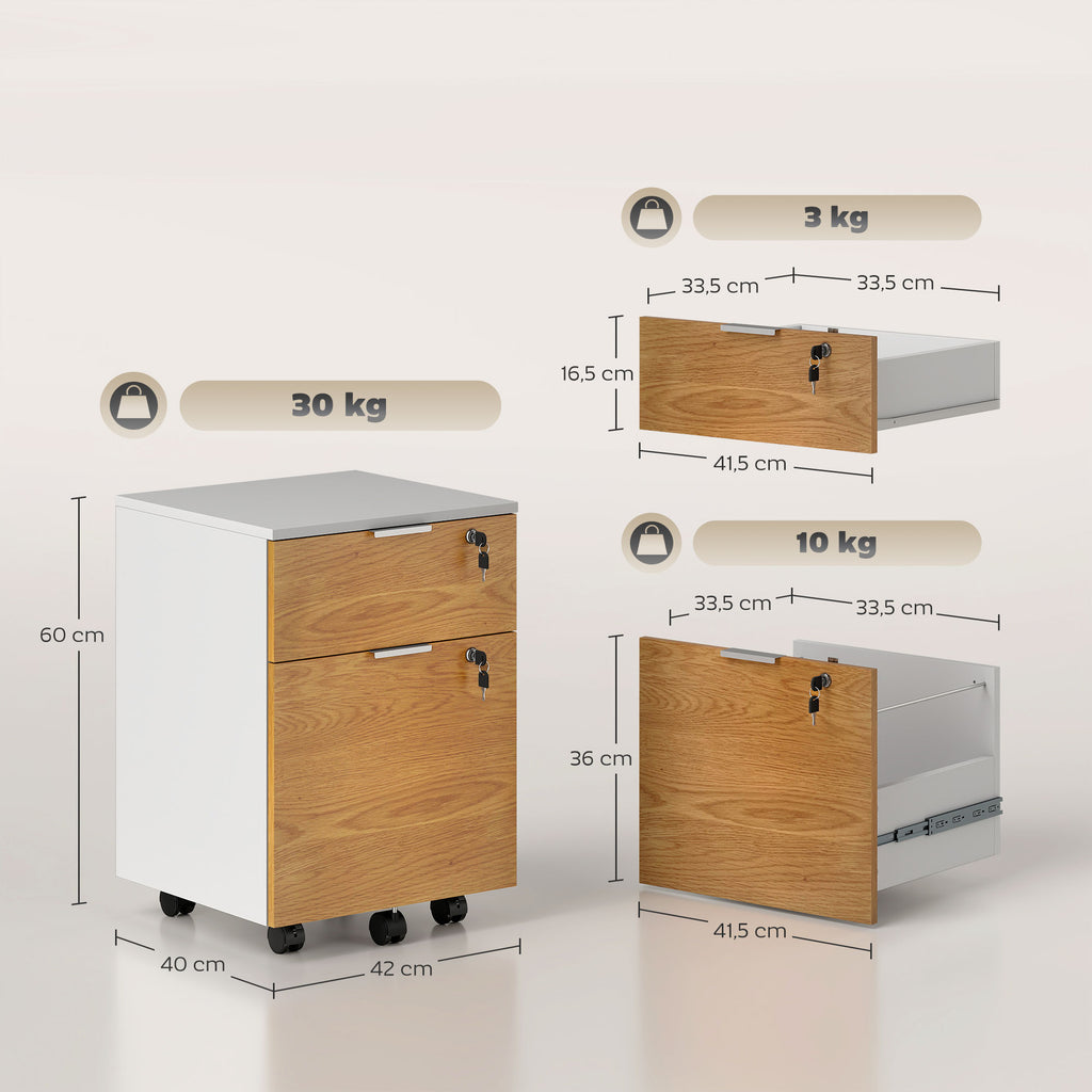 Caisson de bureau, meuble de rangement 2 tiroirs 2 barres pour dossier suspendu, verrouillable avec 2 clés 42x40x60 cm-2