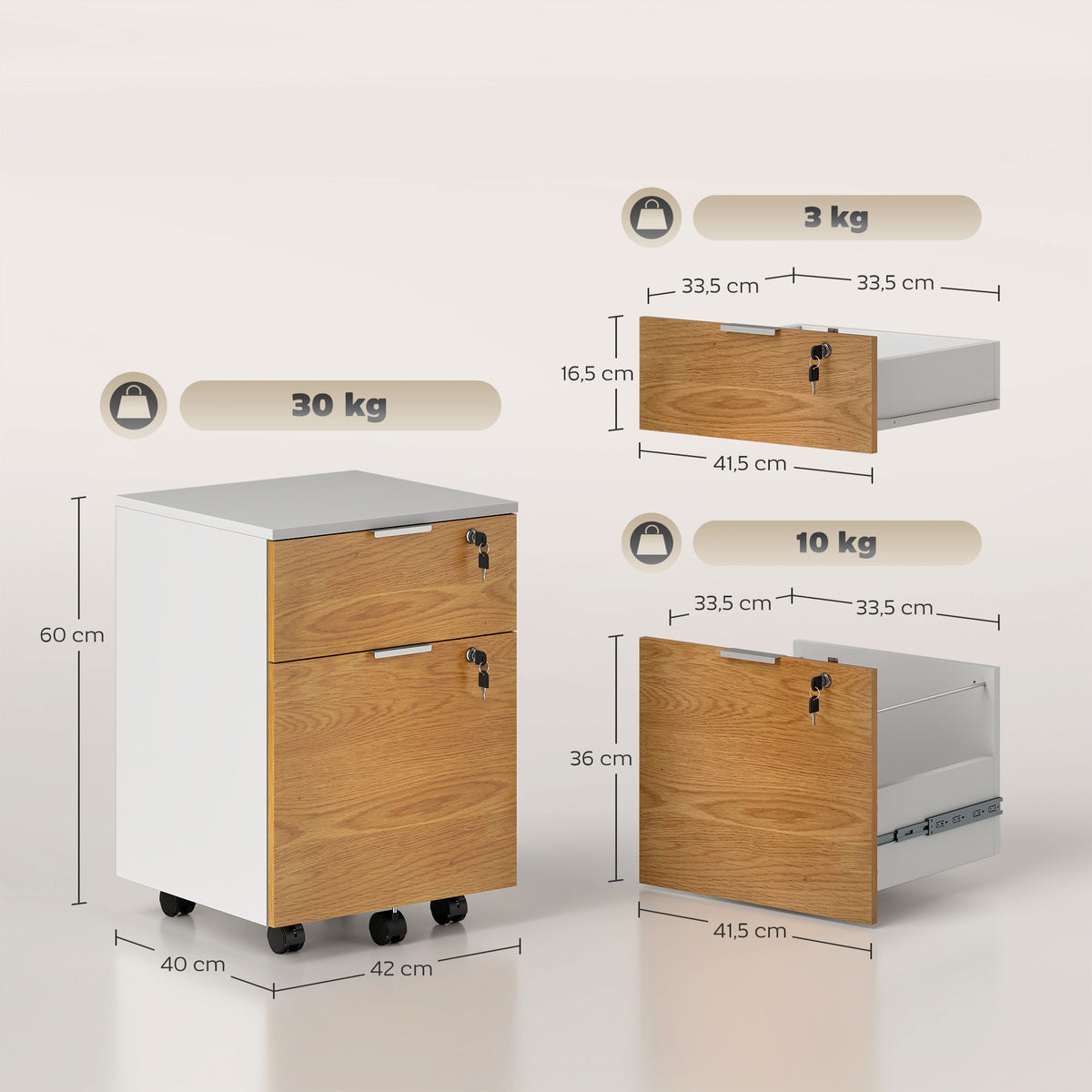 Caisson de bureau, meuble de rangement 2 tiroirs 2 barres pour dossier suspendu, verrouillable avec 2 clés 42x40x60 cm-2