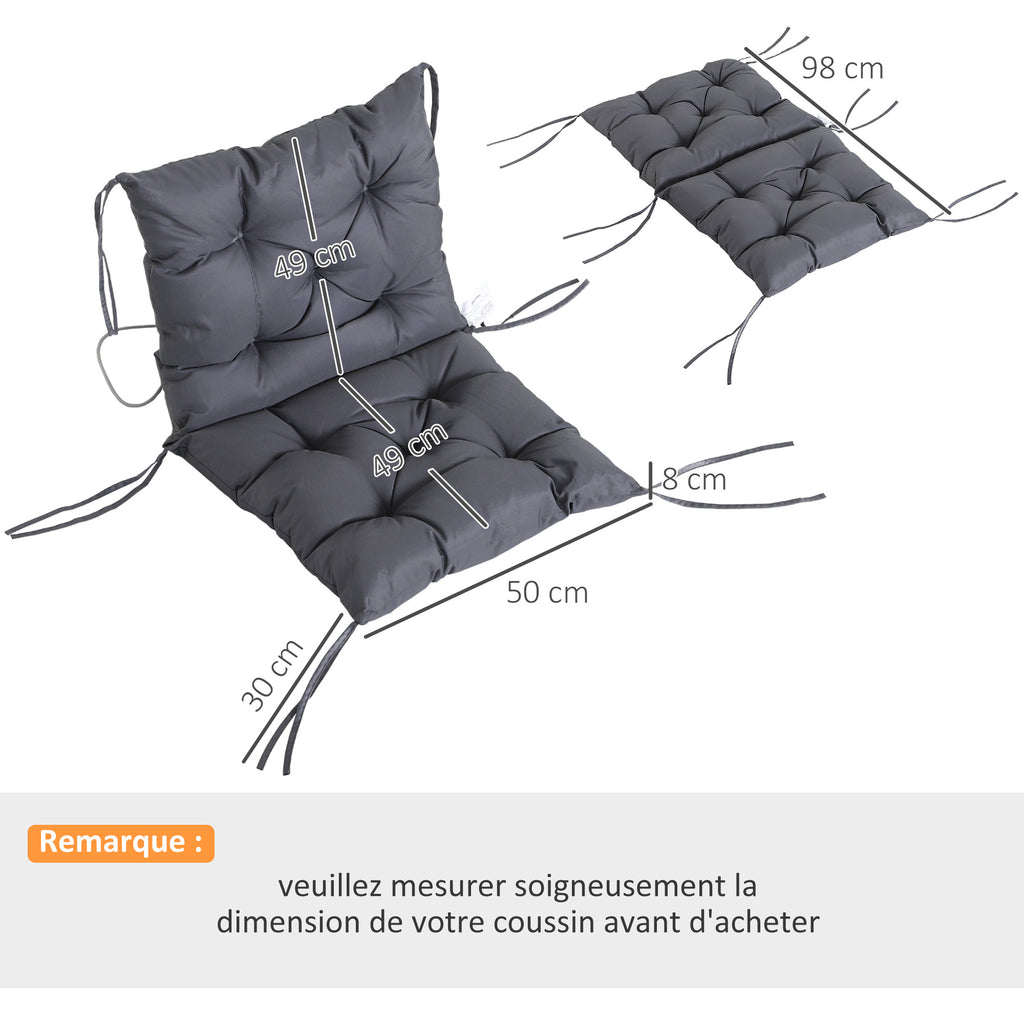 Lot de 2 coussins de chaise d'extérieur, galette de chaise avec attaches, coussins de jardin pour terrasse ou balcon, 98 x 50 x 8 cm, gris-2