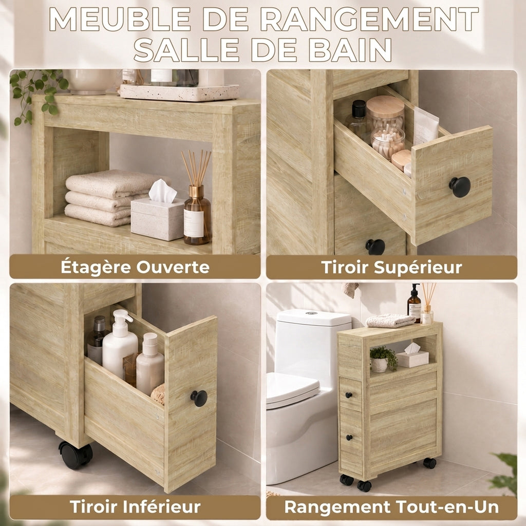 Meuble de rangement de salle de bain sur roulette armoire WC toilettes étagère ouverte 2 tiroirs 16 x 52 x 71,5 cm chêne-6
