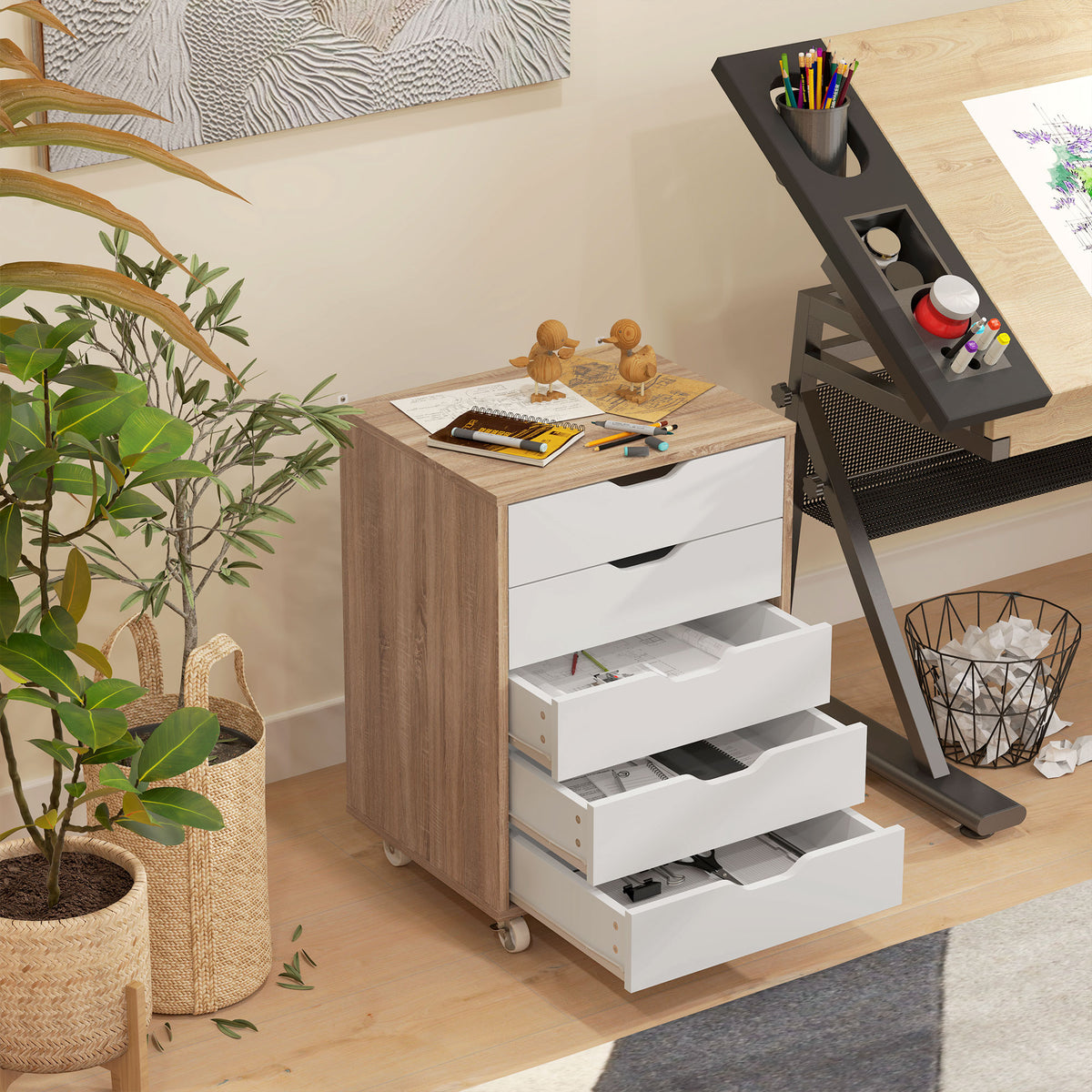 Caisson bureau mobile, meuble rangement bureau sur roulettes, 5 tiroirs, 47,5 x 39,5 x 67,5 cm, blanc et chêne-8