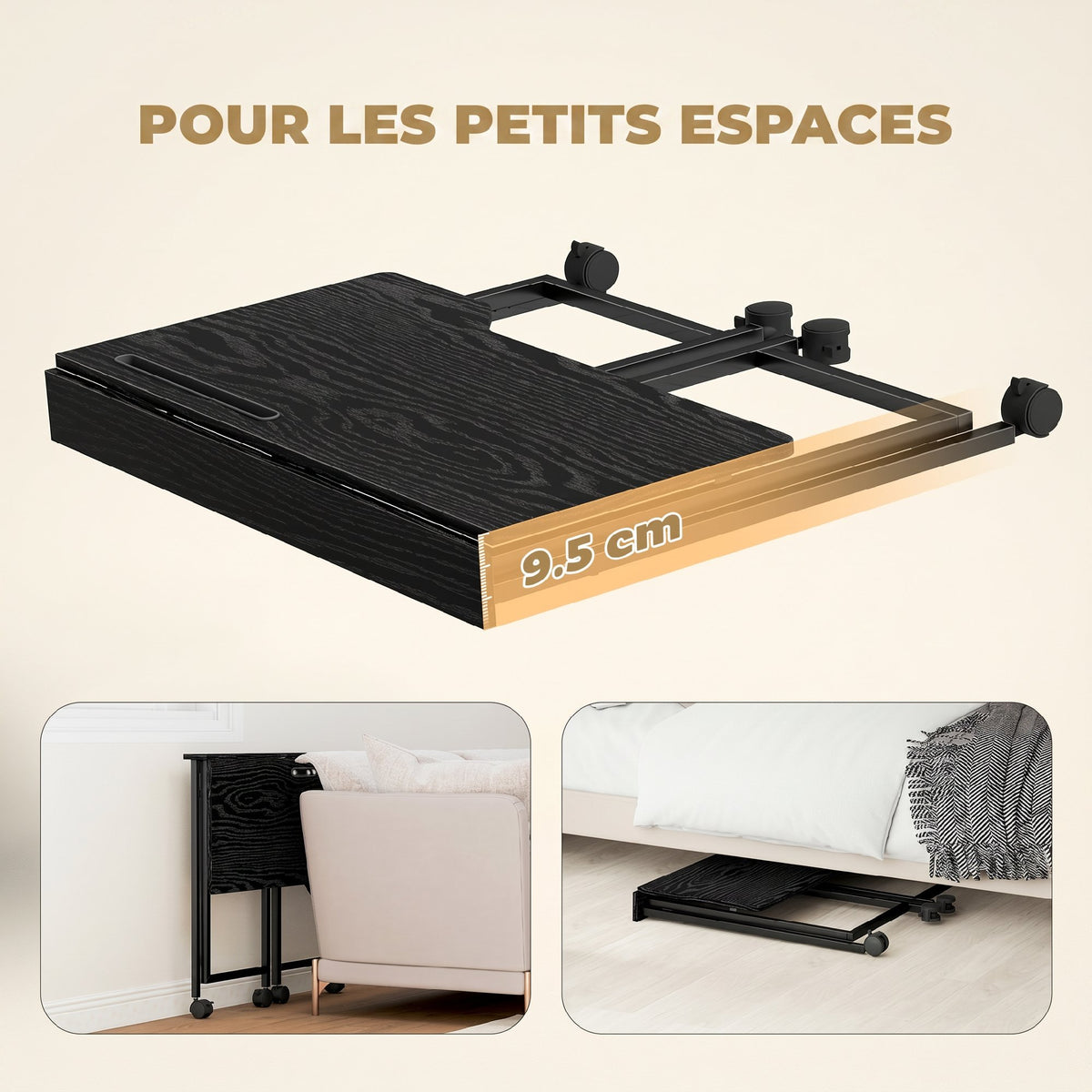 Bureau Pliable 80 x 52 cm, Bureau Ordinateur sur Roulettes avec Fente d'Appareil, Montage Facile, Noir-3