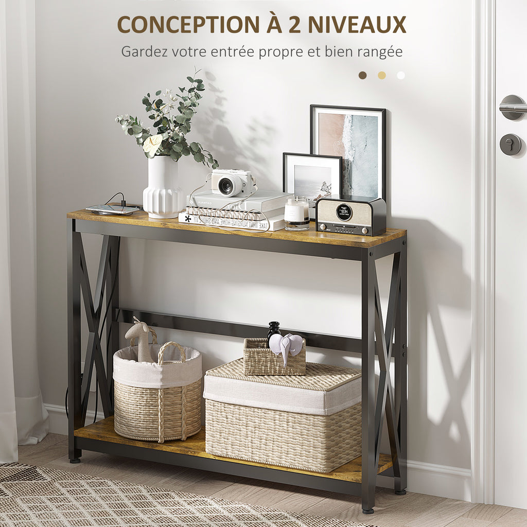 Console meuble étroite à 2 niveaux style industriel avec prises de courant et USB, 100 x 24 x 75 cm, marron-4