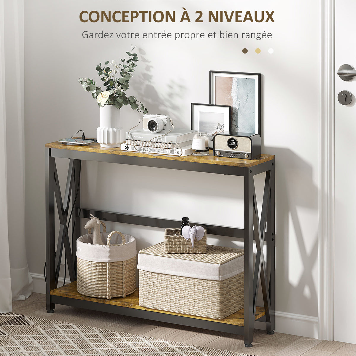 Console meuble étroite à 2 niveaux style industriel avec prises de courant et USB, 100 x 24 x 75 cm, marron-4