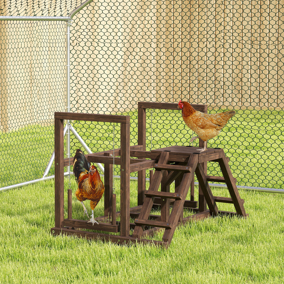 Aire de jeux en bois, Perchoir en bois pour poule, avec balançoire, échelle, plateformes, 82 x 60 x 55 cm, marron-1