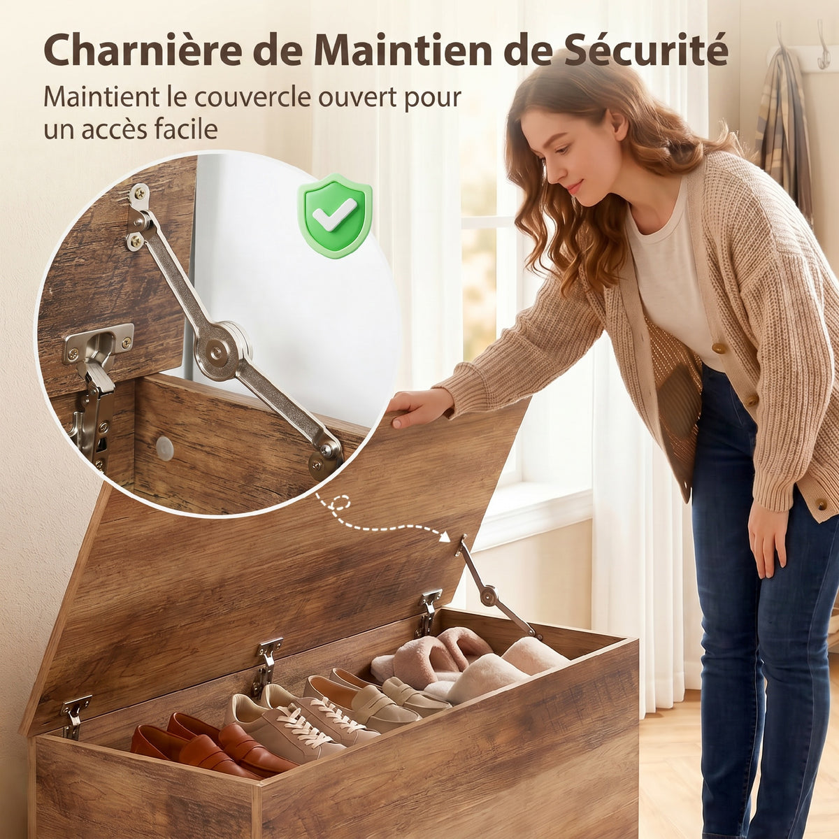 Coffre de rangement, banc de rangement avec couvercle rabattable et charnières de sécurité, 100 x 40 x 40 cm, marron-4