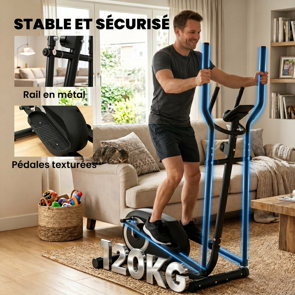 Vélo Elliptique, Écran LCD, Résistance 8 Niveaux, Capteur Pouls, Bluetooth, Support pour Téléphone, 100x52x153cm, Gris-7