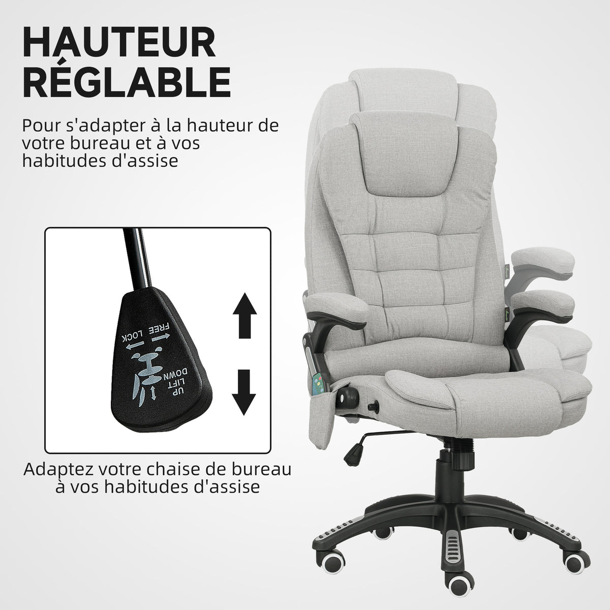 Fauteuil de bureau massant et chauffant chaise de bureau avec hauteur réglable dossier inclinable et télécommande gris-4